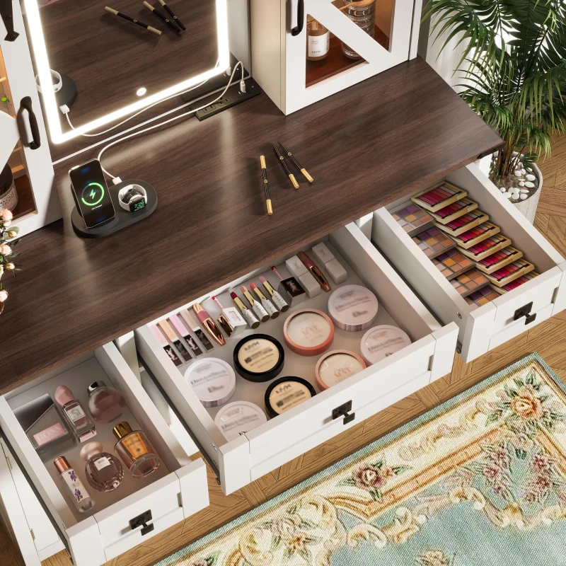 Farmhouse Dressing Vanity Desk with 3-Colour LED Lighted Mirror, Modern Makeup Table Unit with 3 Drawers, 43.5'' L x 15.5'' W x 53.5'' H, Beige