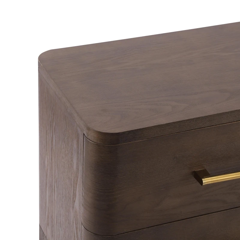 Chic Nightstand with 2 Drawers, Rounded Corners and Gold Handles, Versatile Storage Cabinet for Bedroom, 23.5'' L x 15.5" W x 22.5" H, Brown Oak
