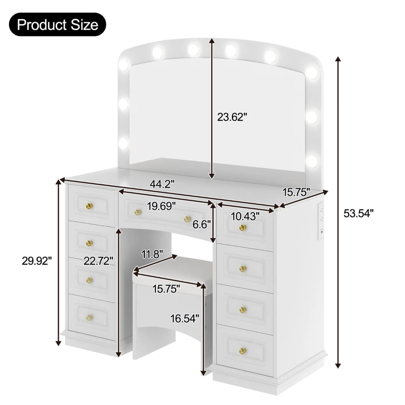 Luxurious Dressing Vanity Desk with 10 Hollywood Bulbs, Modern Makeup Table Set with 9 Storage Drawers, 44'' L x 15.5'' W x 53.5'' H, White
