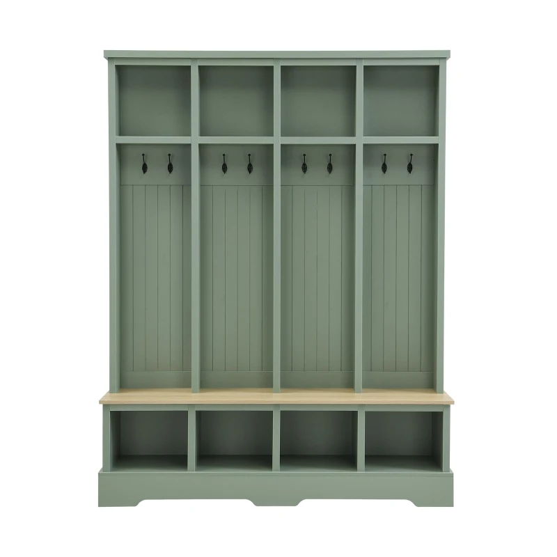 Farmhouse Hall Tree Coat Rack with 8 Retro Hooks, Shoe Bench Unit with 8 Storage Compartments, 59'' L x 15.5'' W x 76.5'' H, Mint Green