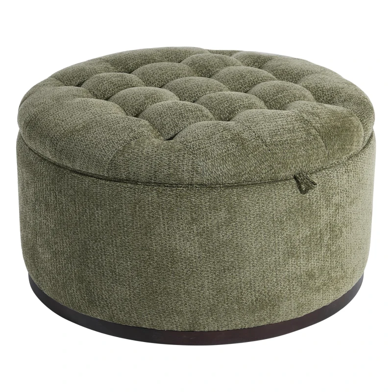 Elegant Round Storage Ottoman with Tufted Chenille and Removable Lid, Versatile Coffee Table for Living Room, 28'' L x 28" W x 16.5" H, Green