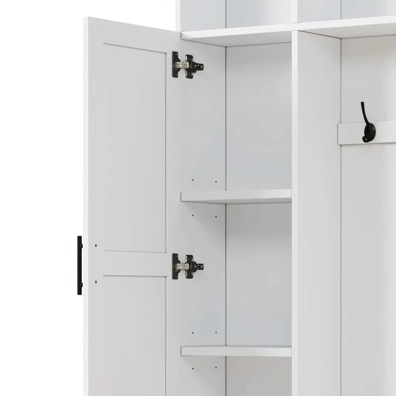 Rustic Farmhouse Hall Tree Coat Rack with Shoe Storage Bench, Heavy-Duty Storage Cabinet Unit with 6 Metal Hooks, 55'' L x 15.5'' W x 73'' H, White
