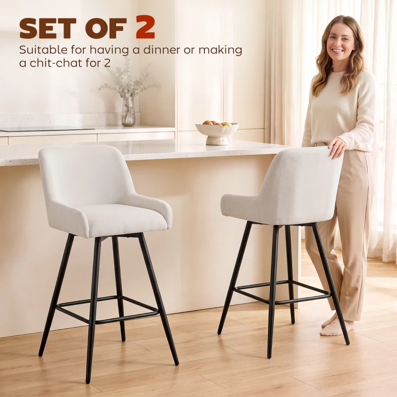 HOMCOM Kitchen Island Chairs Counter Height Bar Stools with Swivel Linen Seat and Footrest, Cream White