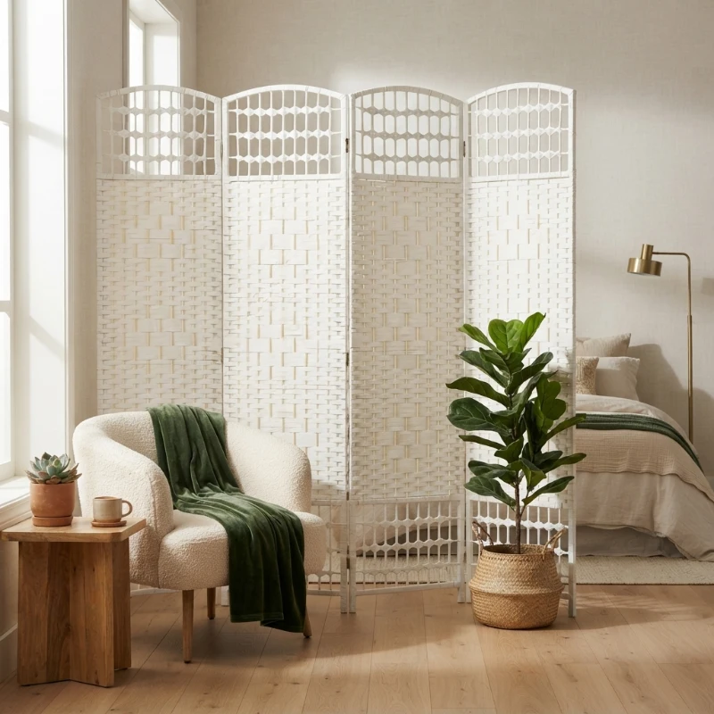 HOMCOM 4 Panel Folding Room Divider Portable Privacy Screen Wave Fiber Room Partition for Home Office White