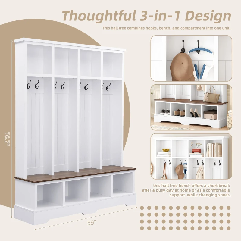 Farmhouse Hall Tree Coat Rack with 8 Retro Hooks, Shoe Bench Unit with 8 Storage Compartments, 59'' L x 15.5'' W x 76.5'' H, White