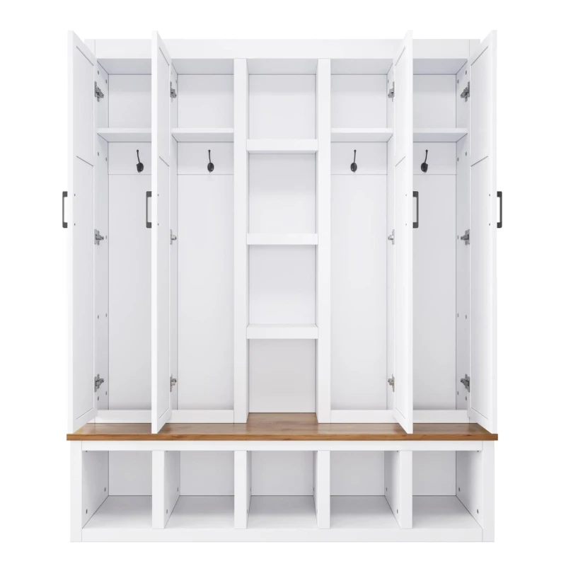 Rustic 4-in-1 Hall Tree Coat Rack with 4 Cabinets and 6 Sturdy Hooks, Shoe Storage Bench Unit for Mudroom, 63'' L x 15.5'' W x 76.5'' H, White