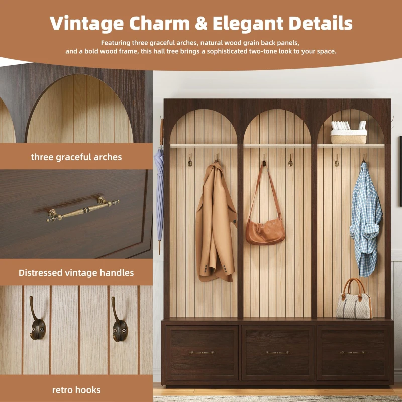 Farmhouse Hall Tree Coat Rack with 3 Arches and 8 Retro Hooks, Shoe Storage Bench Unit with 3 Drawers, 59'' L x 15.5'' W x 75'' H, Dark Walnut