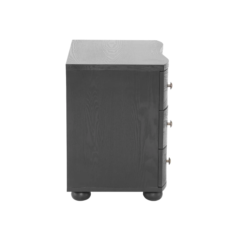 Retro Modern Nightstand with 3 Wave Drawers, Wooden Bedside Storage Table with Bulbous Feet, 23.5'' L x 15.5'' W x 22.5'' H, Black