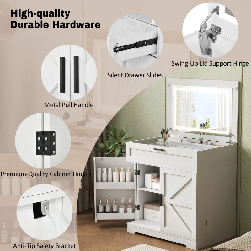Versatile 3-in-1 Flip Top Makeup Vanity Cabinet with LED Lighted Mirror, Rustic Dressing Table for Bedroom, 26.5'' L x 19.5" W x 29.5" H, White