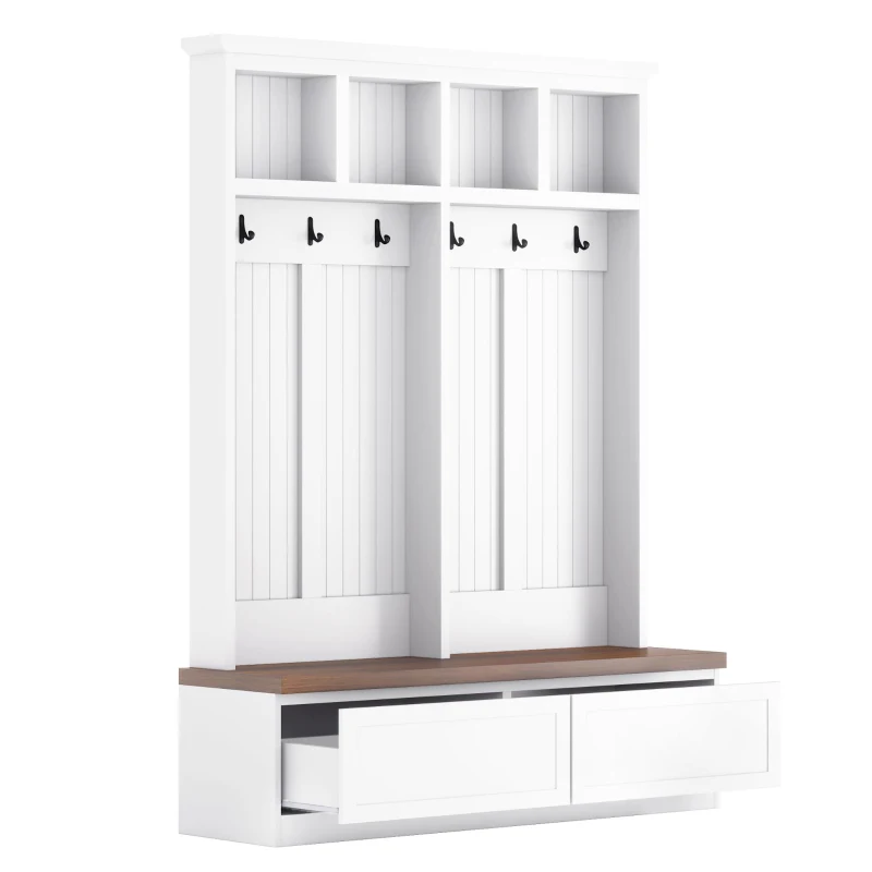 Rustic Farmhouse 4-in-1 Hall Tree Coat Rack with 2 Large Drawers, Shoe Storage Bench Unit with 6 Hooks, 53'' L x 15'' W x 75.5'' H, White