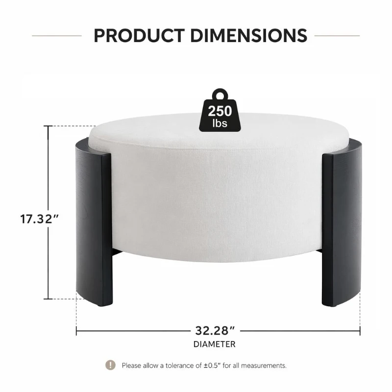 Chic Round Ottoman with Curved Wood-Grain and High-Density Foam, Versatile Coffee Table for Living Room, 32'' L x 32" W x 17.5" H, White+Black