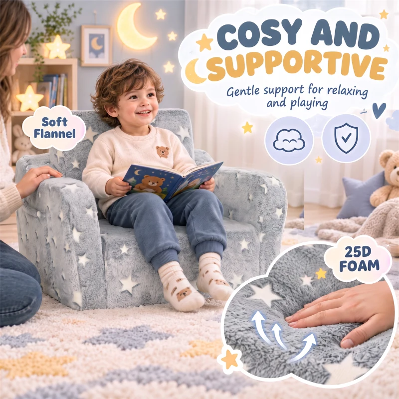 Qaba Kids Couch, 2 in 1 Toddler Couch with Glow in the Dark Stars, Sit to Lie, Ready from Box for Bedroomfor 18-48 M, Grey