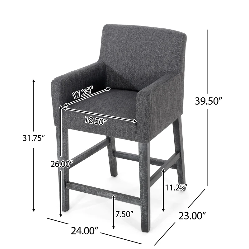 Modern Upholstered Counter Stool with Rounded Armrests, Soft Kitchen Stool with Rubberwood Frame, 23.5'' L x 23.5" W x 39.5" H, Charcoal