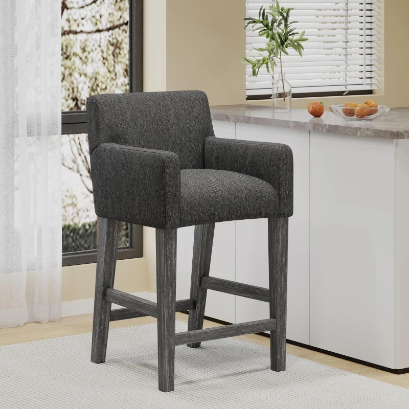 Modern Upholstered Counter Stool Set of 2 with Rounded Armrests, Comfortable Breakfast Bar Stool for Kitchen, 24'' L x 23" W x 39.5" H, Charcoal