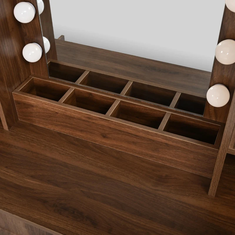 Farmhouse Makeup Vanity with Lighted Mirror and Power Outlet, Chic Dressing Table with Drawers and Stool, 47'' L x 15.5" W x 61.5" H, Walnut