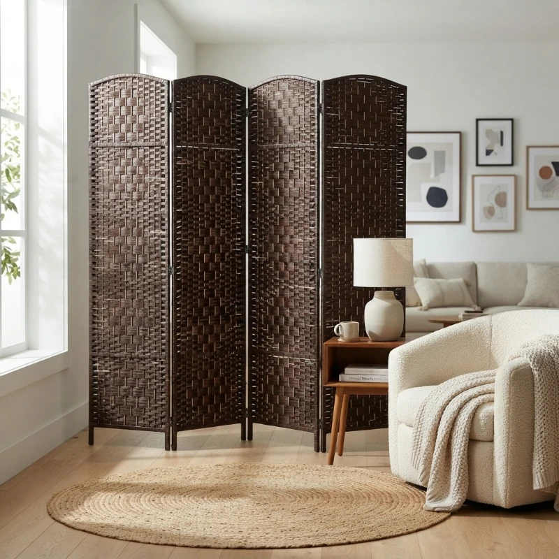 HOMCOM Room Divider 4 Panel, 6FT Tall Folding Privacy Screen, Freestanding Hand-Woven Partition for Room Separation with 360° Hinges, Paper Rope Diamond Weave, Brown