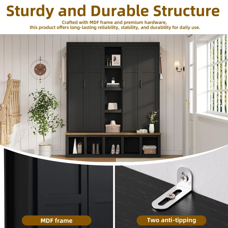 Rustic 4-in-1 Hall Tree Coat Rack with 4 Cabinets and 6 Sturdy Hooks, Shoe Storage Bench Unit for Mudroom, 63'' L x 15.5'' W x 76.5'' H, Black