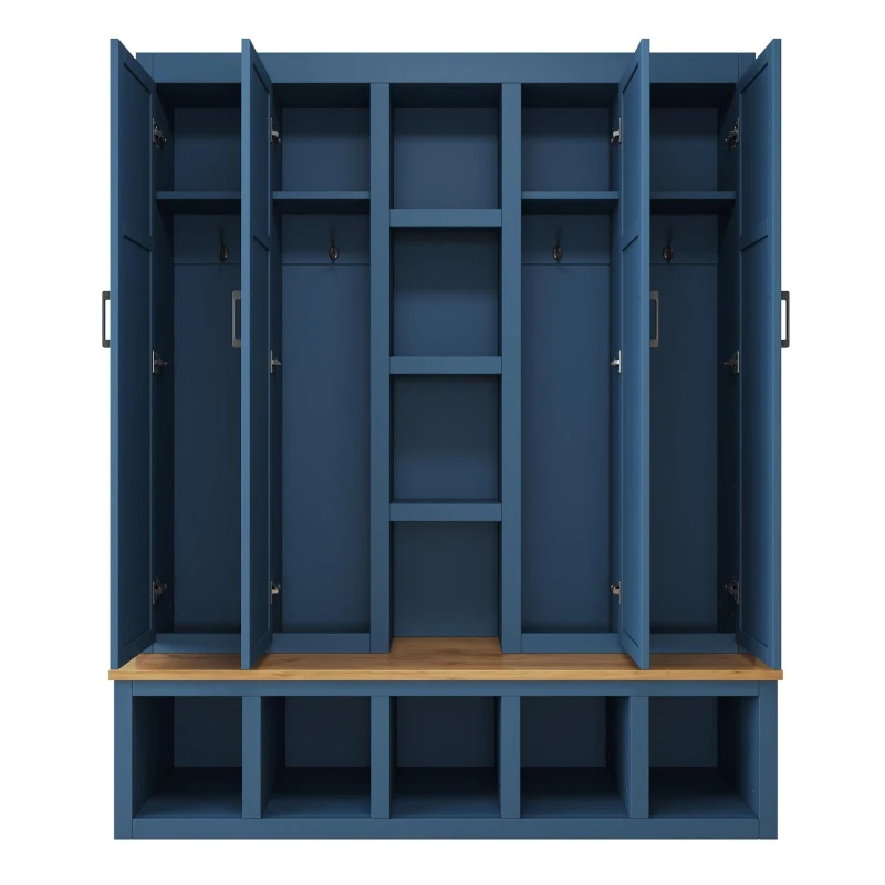 Rustic 4-in-1 Hall Tree Coat Rack with 4 Cabinets and 6 Sturdy Hooks, Shoe Storage Bench Unit for Mudroom, 63'' L x 15.5'' W x 76.5'' H, Blue