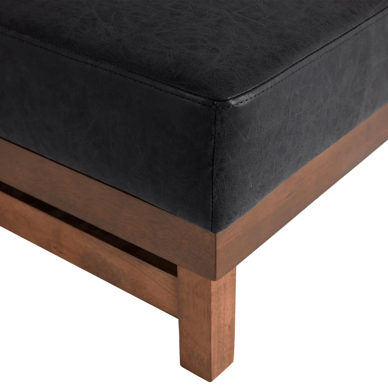 Sleek Large Ottoman with Faux Leather and Walnut Legs, Versatile Coffee Table for Living Room and Bedroom, 48" L × 27.5" W × 15.5" H, Black