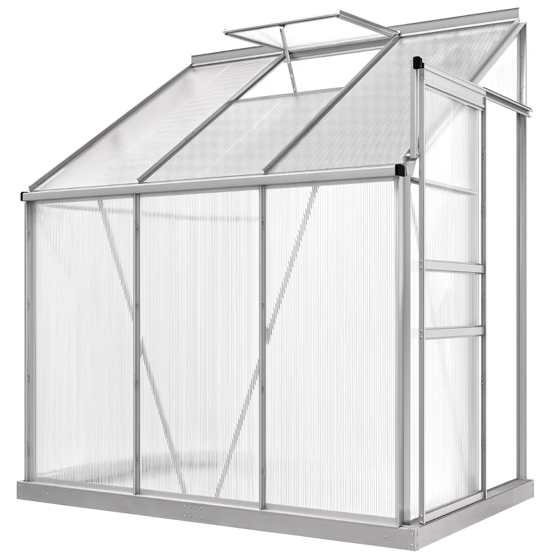 Outsunny 6' x 4' Aluminum Lean-to Greenhouse Polycarbonate Walk-in Garden Greenhouse with Adjustable Roof Vent, Rain Gutter and Sliding Door for Winter, Clear