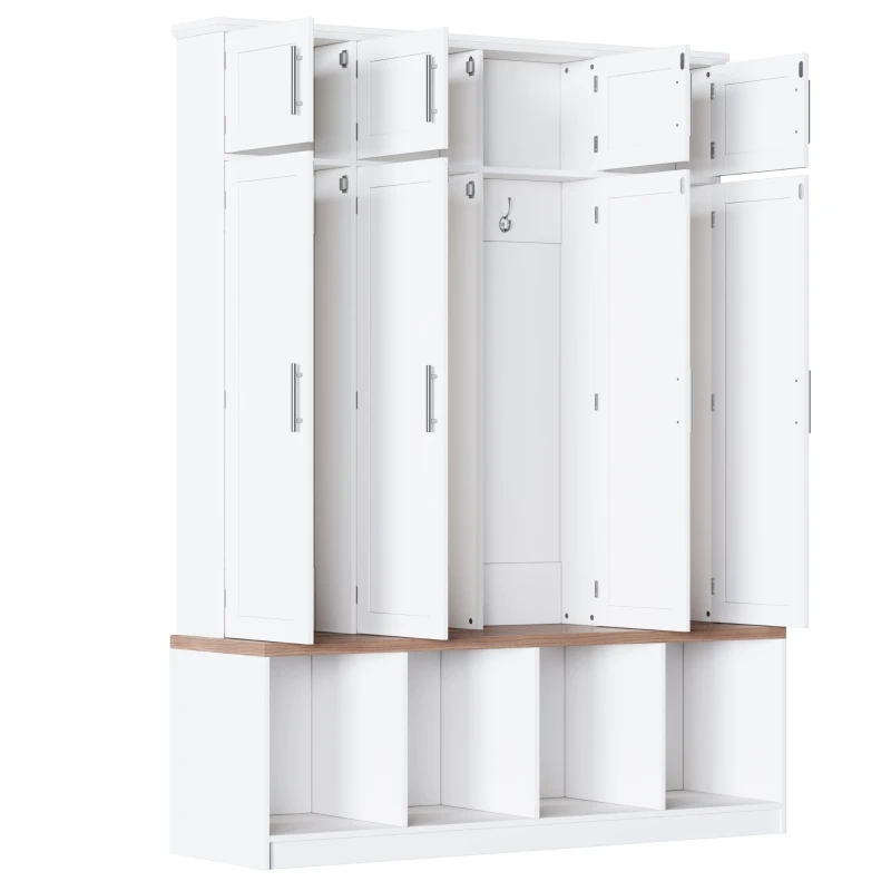 Rustic Farmhouse Hall Tree with 8 Storage Doors, Heavy-Duty Shoe Storage Bench Unit with 4 Bottom Compartments, 59'' L x 15.5'' W x 75'' H, White