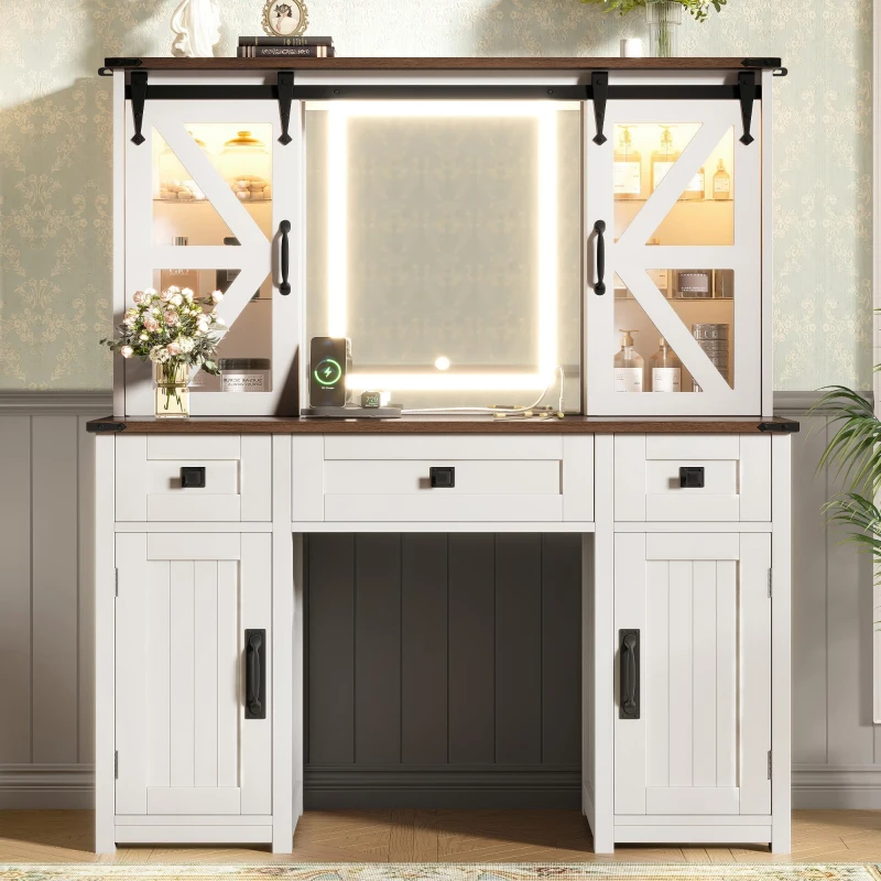 Farmhouse Dressing Vanity Desk with 3-Colour LED Lighted Mirror, Modern Makeup Table Unit with 3 Drawers, 43.5'' L x 15.5'' W x 53.5'' H, Beige