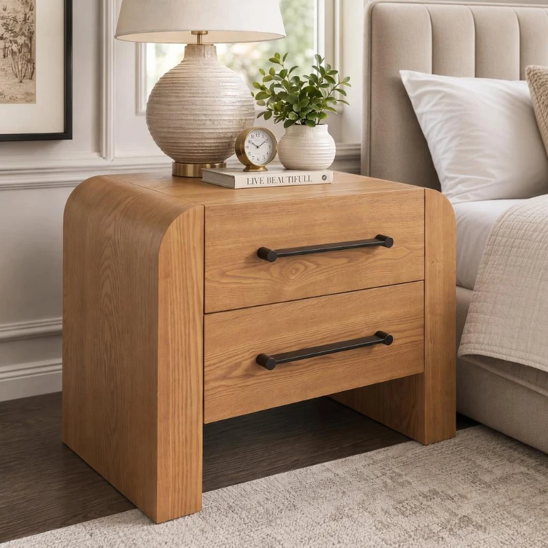 Minimalist Modern Nightstand with Black Metal Handles, Wooden Bedside Storage Table for Bedroom, 28.5'' L x 15.5'' W x 23.5'' H, Brown