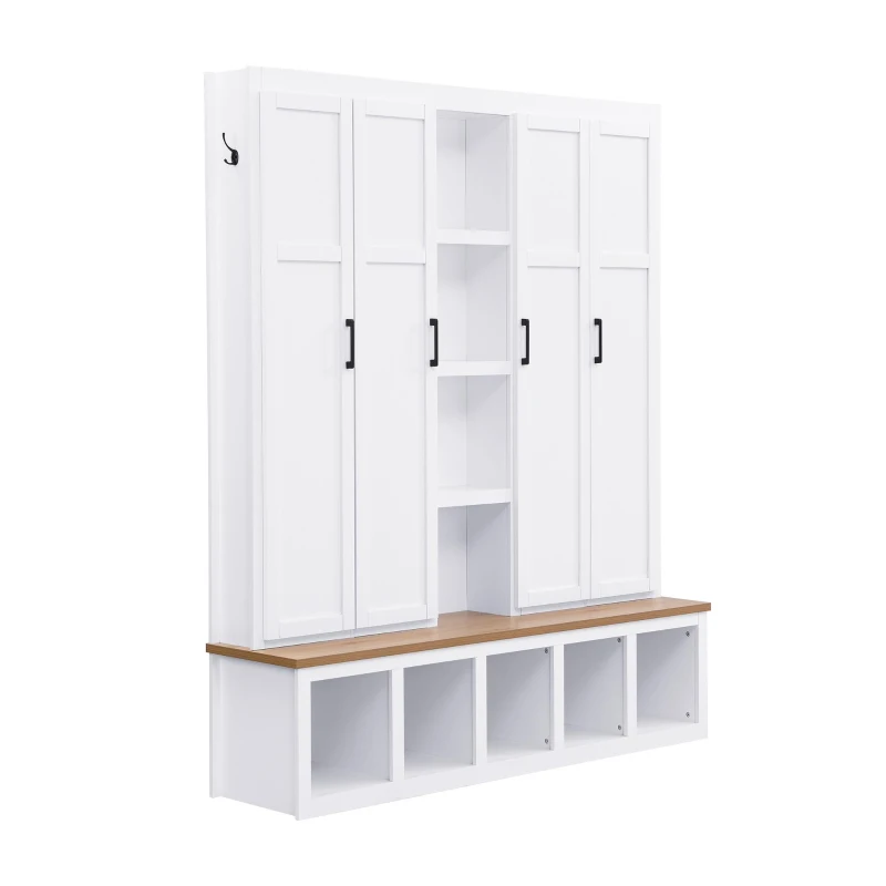 Rustic 4-in-1 Hall Tree Coat Rack with 4 Cabinets and 6 Sturdy Hooks, Shoe Storage Bench Unit for Mudroom, 63'' L x 15.5'' W x 76.5'' H, White