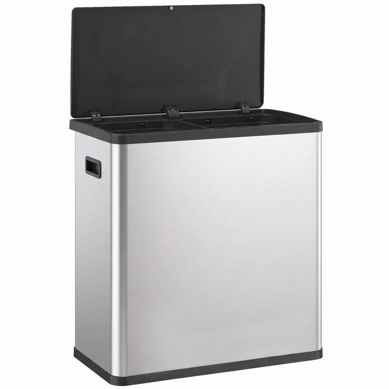 HOMCOM Automatic Trash Can, 15.8Gal / 60L Touchless Garbage Can with Dual Compartments, Stainless Steel, Silver