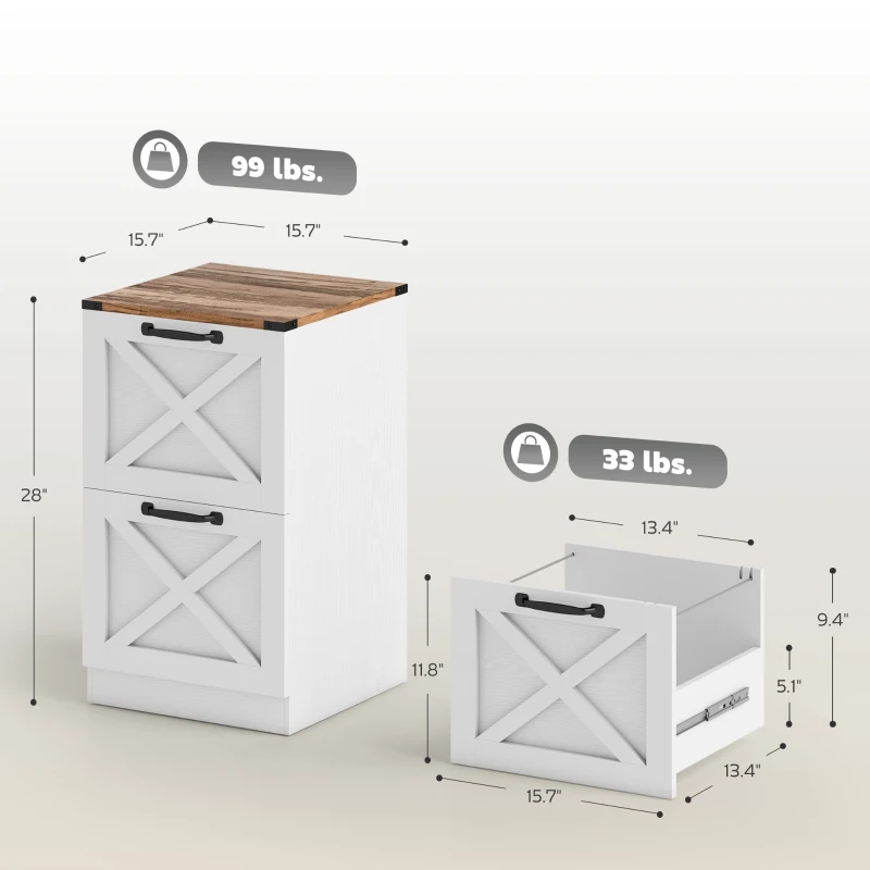 HOMCOM Vertical Storage Drawers Farmhouse X Pattern Printer Stand Fits Letter Files 2 Drawers White