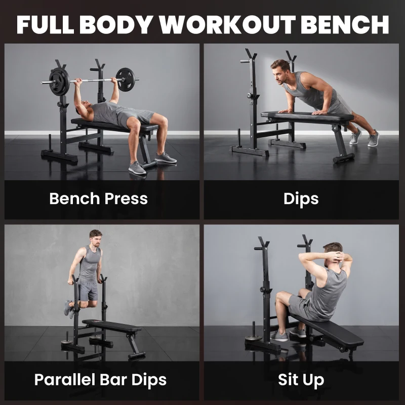 Soozier Adjustable Weight Bench, Foldable Bench Press with Barbell Rack and Dip Station for Home Gym, Strength Training Multiuse Workout Bench, Black