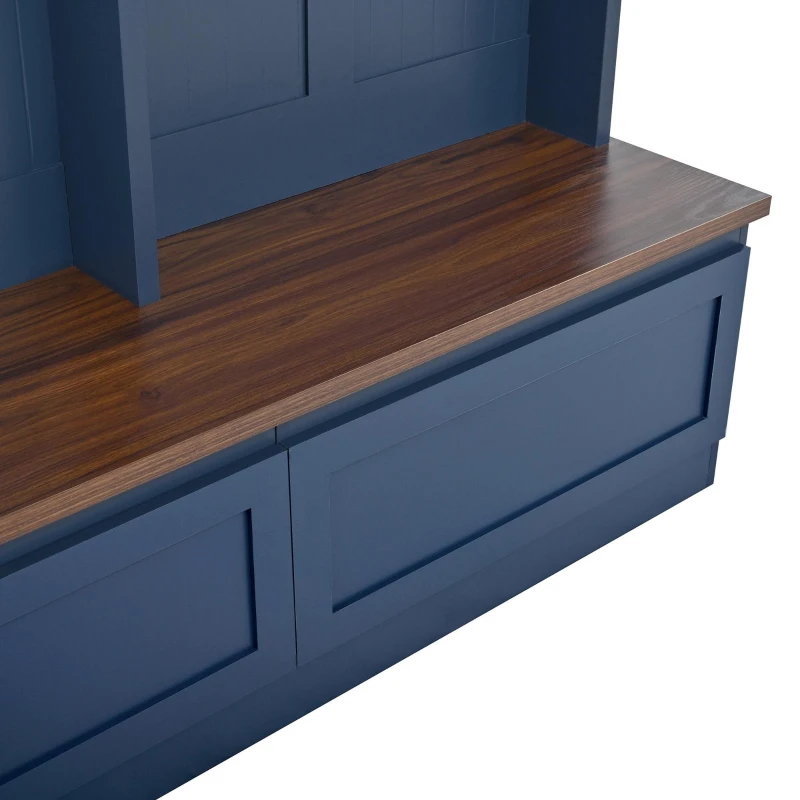 Rustic Farmhouse 4-in-1 Hall Tree Coat Rack with 2 Large Drawers, Shoe Storage Bench Unit with 6 Hooks, 53'' L x 15'' W x 75.5'' H, Blue