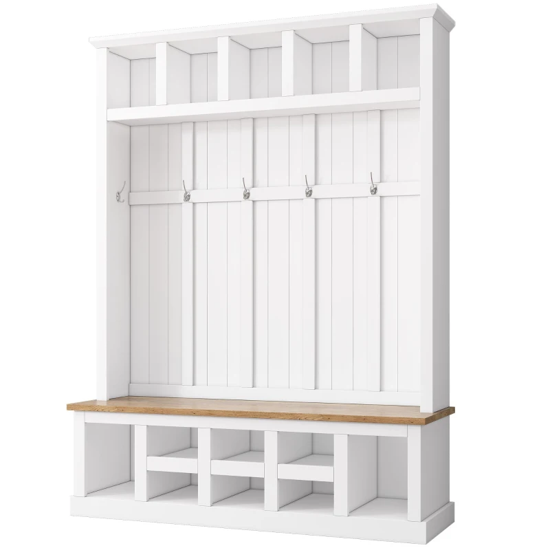 Farmhouse Hall Tree Coat Rack with 13 Compartments, Shoe Storage Bench Unit with Wide Storage Seating Bench, 59'' L x 18'' W x 79'' H, White