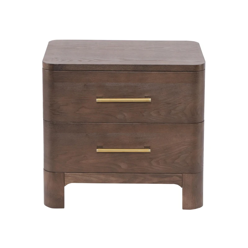 Chic Nightstand with 2 Drawers, Rounded Corners and Gold Handles, Versatile Storage Cabinet for Bedroom, 23.5'' L x 15.5" W x 22.5" H, Brown Oak