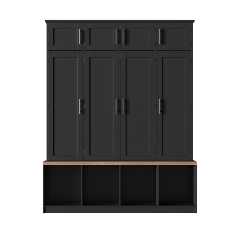 Rustic Farmhouse Hall Tree with 8 Storage Doors, Heavy-Duty Shoe Storage Bench Unit with 4 Bottom Compartments, 59'' L x 15.5'' W x 75'' H, Black