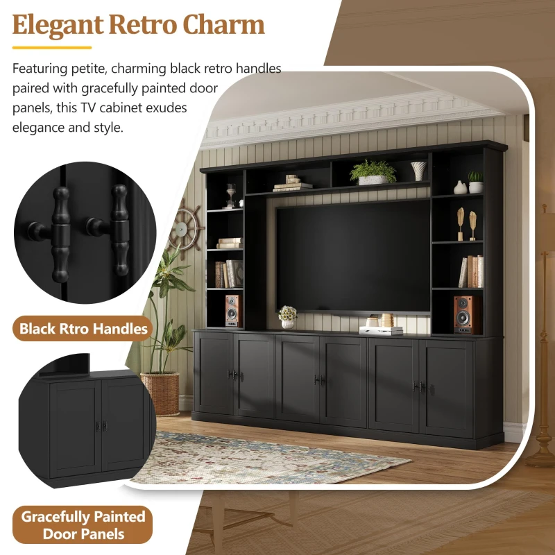 Mid-Century Entertainment Centre with 7 Adjustable Shelves, 4-Piece TV Wall Unit Console with 6 Cable Holes, 95.5'' L x 15.5'' W x 76.5'' H, Black