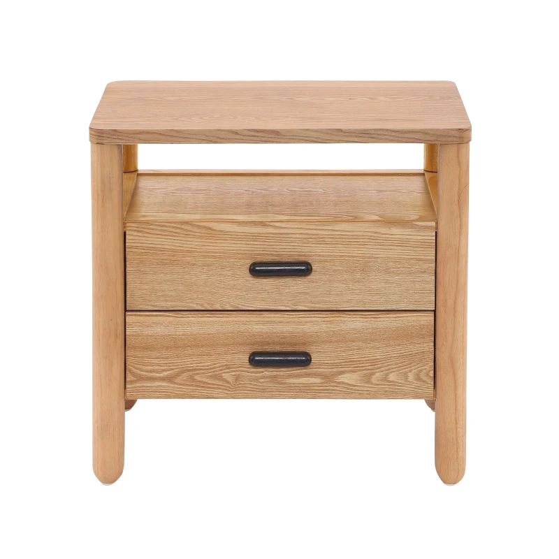 Modern Nightstands with Open Shelf and 2 Drawers, Wooden Bedside Storage Table Unit with Rounded Corners, 23.5'' L x 15.5'' W x 24'' H, Light Natural