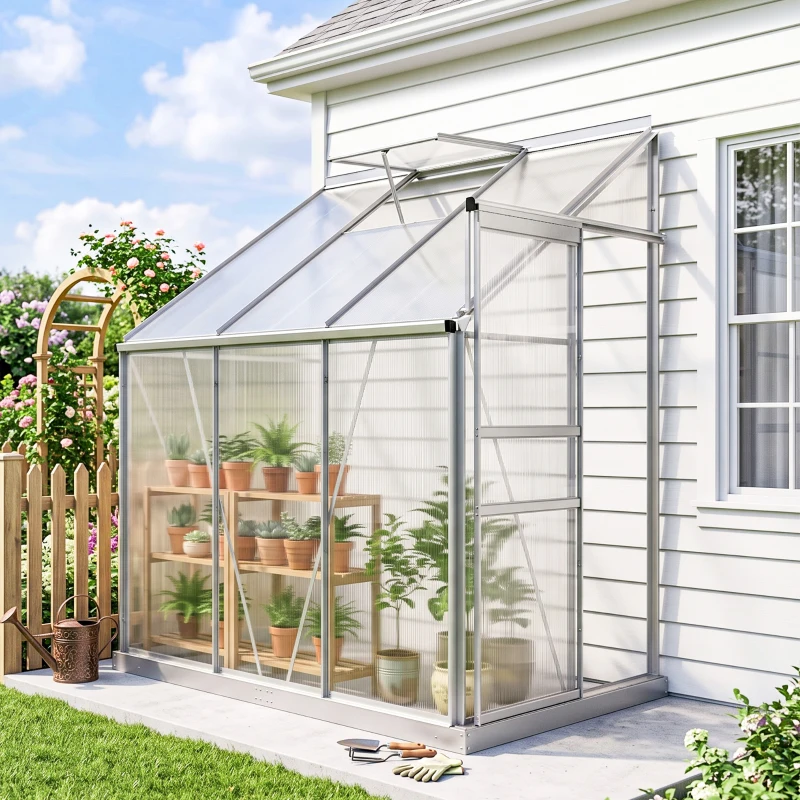 Outsunny 6' x 4' Aluminum Lean-to Greenhouse Polycarbonate Walk-in Garden Greenhouse with Adjustable Roof Vent, Rain Gutter and Sliding Door for Winter, Clear