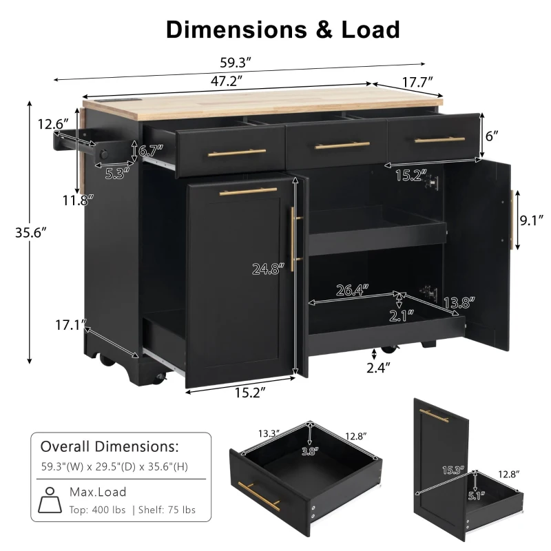 Vintage Kitchen Island with Trash Storage and Organizers, Versatile Rolling Cart with Power Outlet and Spice Rack, 59'' L x 29.5" W x 35.5" H, Black