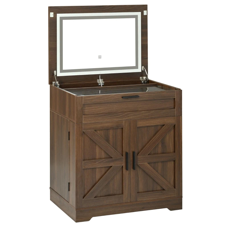 Versatile 3-in-1 Flip Top Makeup Vanity Cabinet with LED Lighted Mirror, Rustic Dressing Table for Bedroom, 26.5'' L x 19.5" W x 29.5" H, Walnut