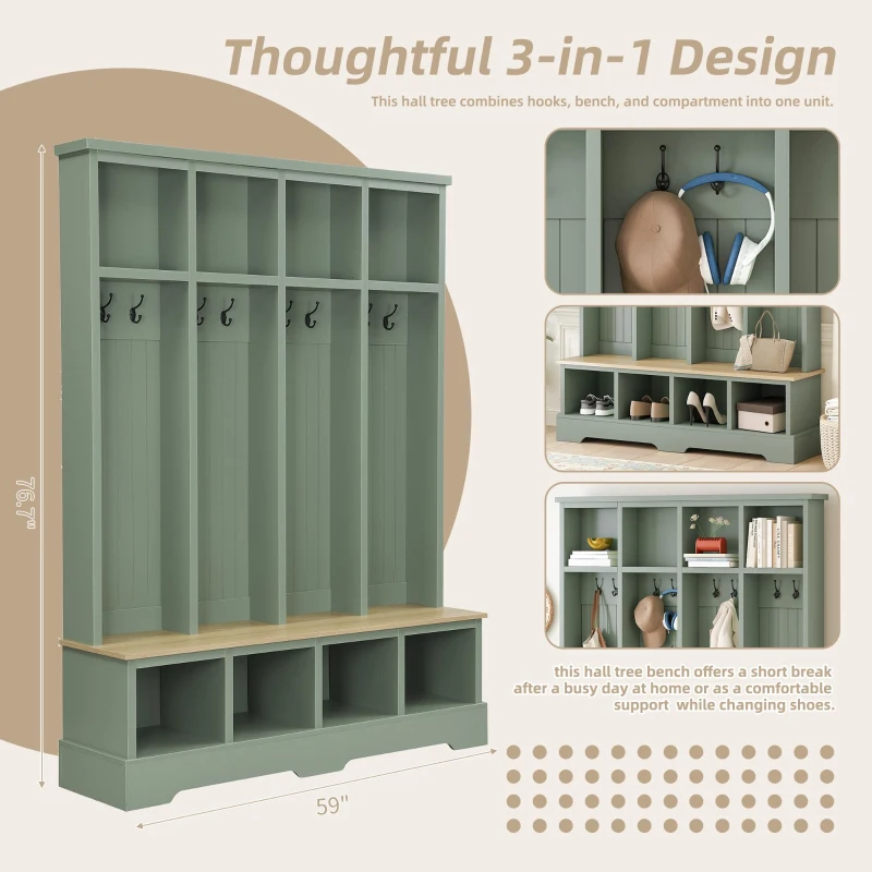 Farmhouse Hall Tree Coat Rack with 8 Retro Hooks, Shoe Bench Unit with 8 Storage Compartments, 59'' L x 15.5'' W x 76.5'' H, Mint Green
