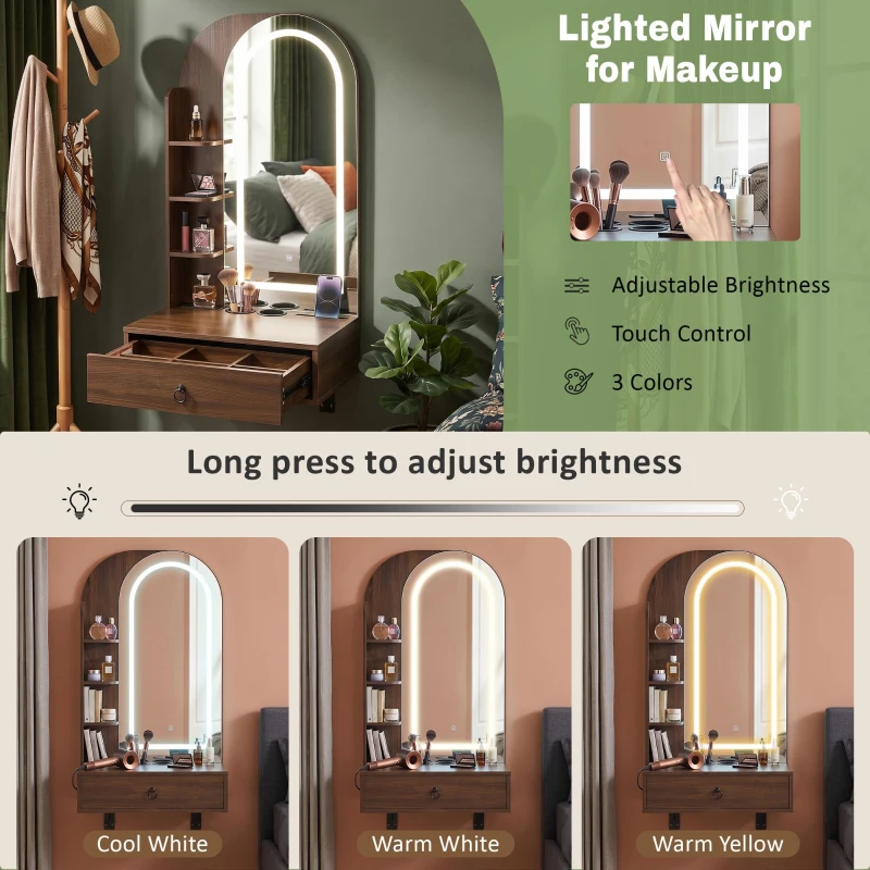 Modern Floating Makeup Vanity with Arched Mirror, Outlet and 3-Color Lights, Versatile Wall Vanity for Bedrooms, 23'' L x 15.5" W x 48" H, Walnut