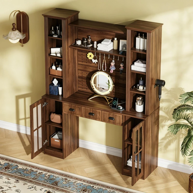 Farmhouse Makeup Vanity with LED Mirror and Power Outlet, Chic Dressing Desk with Jewelry Organizer, 54.5'' L x 15.5" W x 70" H, Walnut