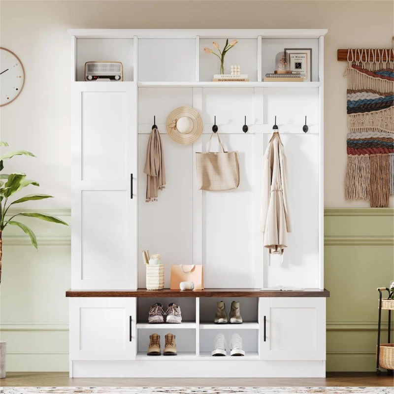 Rustic Farmhouse Hall Tree Coat Rack with Shoe Storage Bench, Heavy-Duty Storage Cabinet Unit with 6 Metal Hooks, 55'' L x 15.5'' W x 73'' H, White