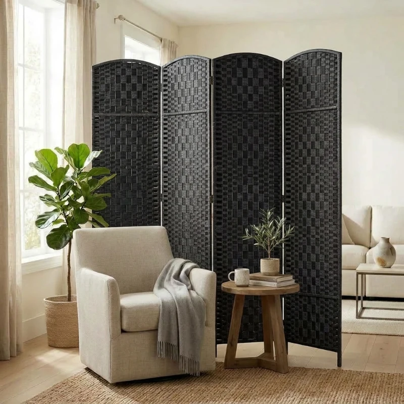 HOMCOM Room Divider 4 Panel, 6FT Tall Folding Privacy Screen, Freestanding Hand-Woven Partition for Room Separation with 360° Hinges, Paper Rope Diamond Weave, Black
