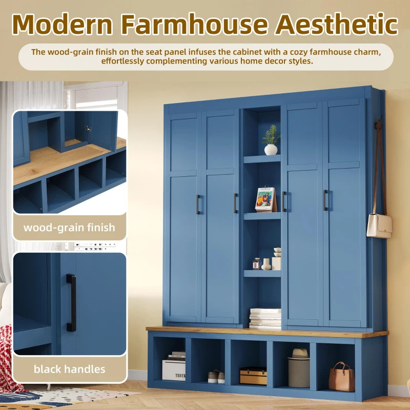 Rustic 4-in-1 Hall Tree Coat Rack with 4 Cabinets and 6 Sturdy Hooks, Shoe Storage Bench Unit for Mudroom, 63'' L x 15.5'' W x 76.5'' H, Blue