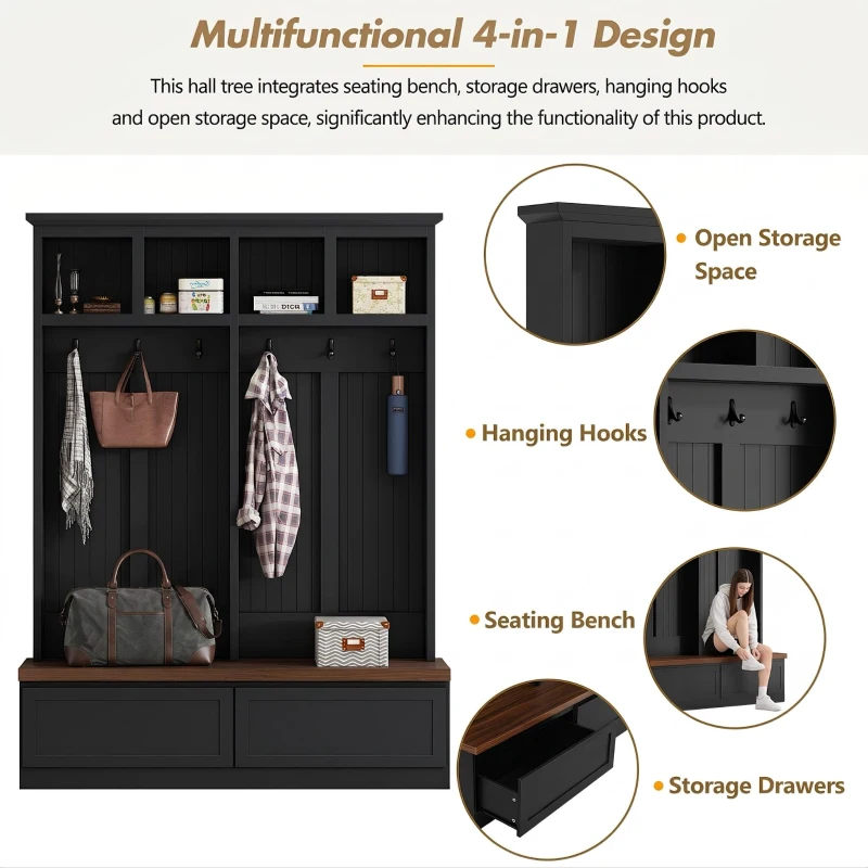 Rustic Farmhouse 4-in-1 Hall Tree Coat Rack with 2 Large Drawers, Shoe Storage Bench Unit with 6 Hooks, 53'' L x 15'' W x 75.5'' H, Black