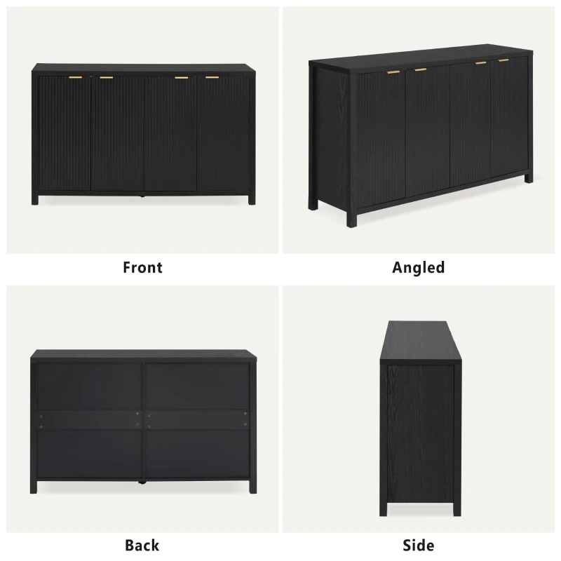 Elegant Fluted Buffet Cabinet with Sculpted Doors, Farmhouse Storage Sideboard for Kitchen Dining Living Room, 55" L × 15.5" W × 33" H, Black