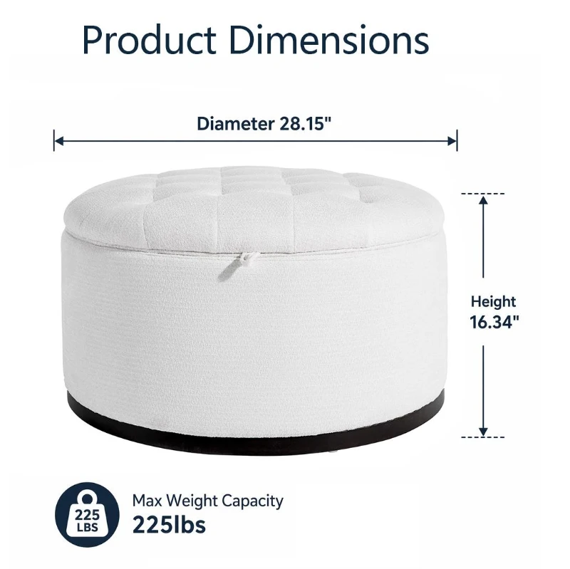 Elegant Round Storage Ottoman with Tufted Chenille and Removable Lid, Versatile Coffee Table for Living Room, 28'' L x 28" W x 16.5" H, White