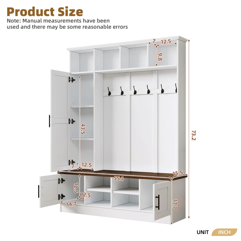 Rustic Farmhouse Hall Tree Coat Rack with Shoe Storage Bench, Heavy-Duty Storage Cabinet Unit with 6 Metal Hooks, 55'' L x 15.5'' W x 73'' H, White